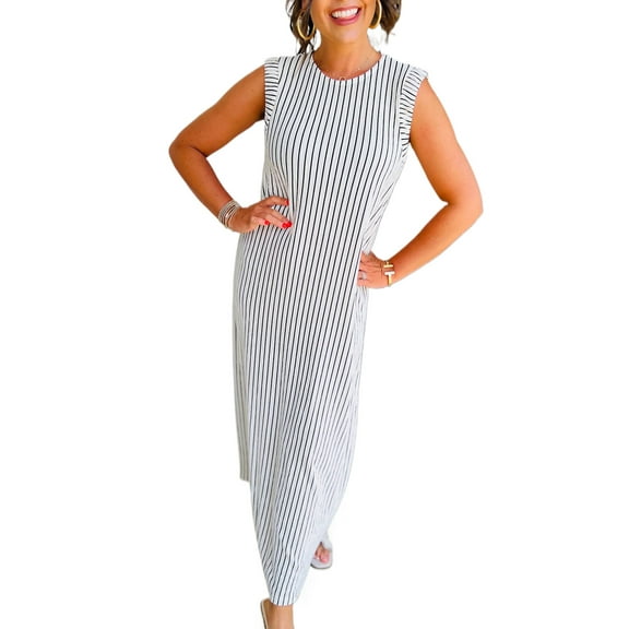 Women's Black and White Striped Sleeveless Shift Maxi Dress | [ZhiHiMeRi] | (US 12-14)L