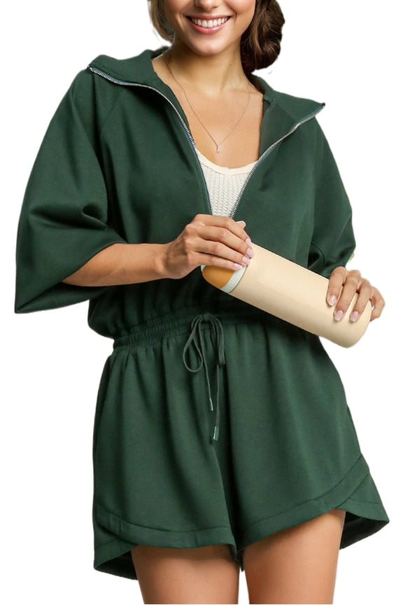 Women's Blackish Green Collared Half Zip French Terry Knit Casual Romper | [ZhiHiMeRi] | (US 12-14)L