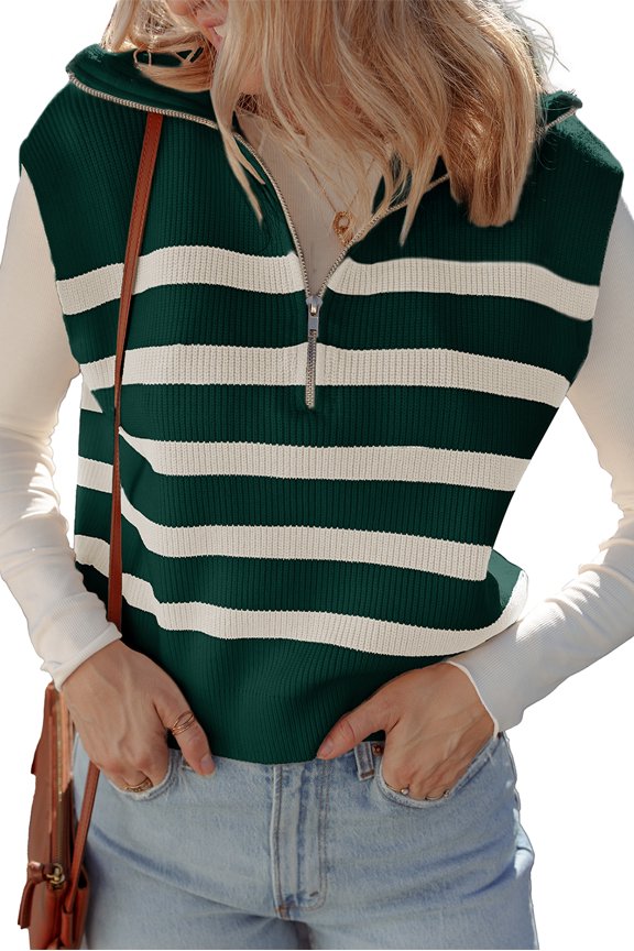 Women's Blackish Green Ribbed Half Zip Sweater Vest – Casual Spring Layering Essential, XL