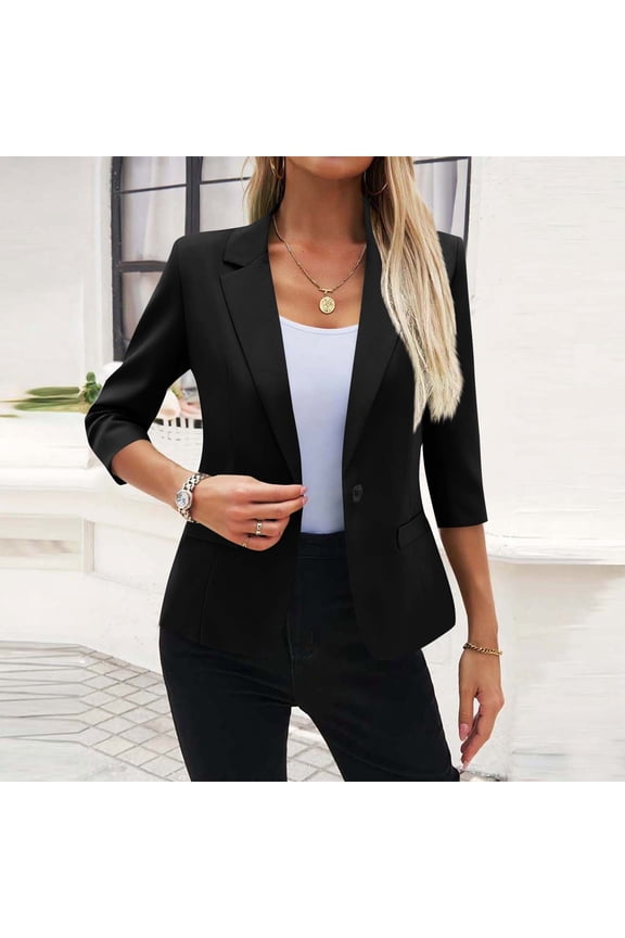 Women's Blazer 3/4 Sleeve Slim Fit Open Front Cardigan Jacket Notched Lapel Button Suit Jacket for Women Business Casual