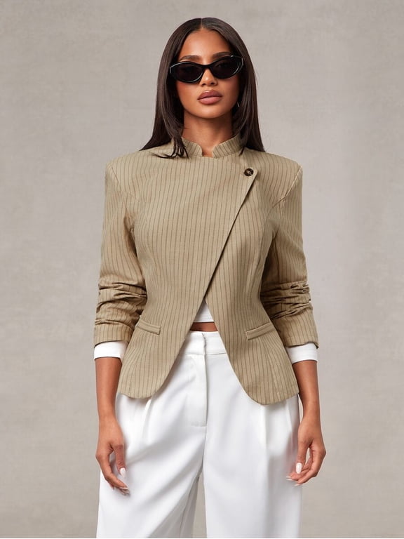Women's Blazer, Asymmetric Button Front Slim Fit Short Blazer, Fitted Cropped Suit Jacket for Office and Commute