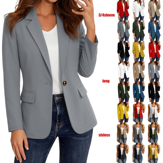 Women's Blazer Business Casual Lightweight Suit - Long Sleeve Slim Fit Work Office Jacket with Pockets Gray