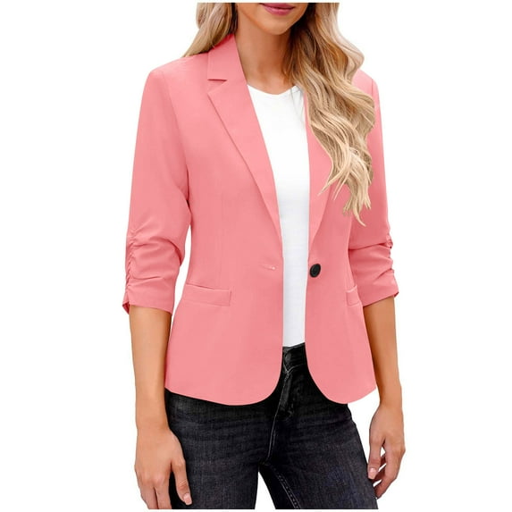 Women's Blazer Business Casual Notched Collar 3/4 Sleeve Open Front Work Office Suit Jacket One Button Blazer