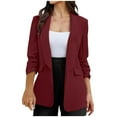 thumbnail image 1 of Women's Blazer Business Jacket with Pockets Ruched Long Sleeve Flattering Fit Open Front Cardigan for Office Work (L, Wine), 1 of 1