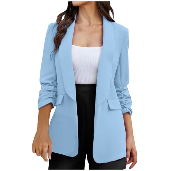 Women's Blazer Business Jacket with Pockets Ruched Long Sleeve Flattering Fit Open Front Cardigan for Office Work (Large, Light Blue)