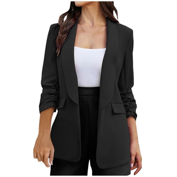 Women's Blazer Business Jacket with Pockets Ruched Long Sleeve Flattering Fit Open Front Cardigan for Office Work (Small, Black)