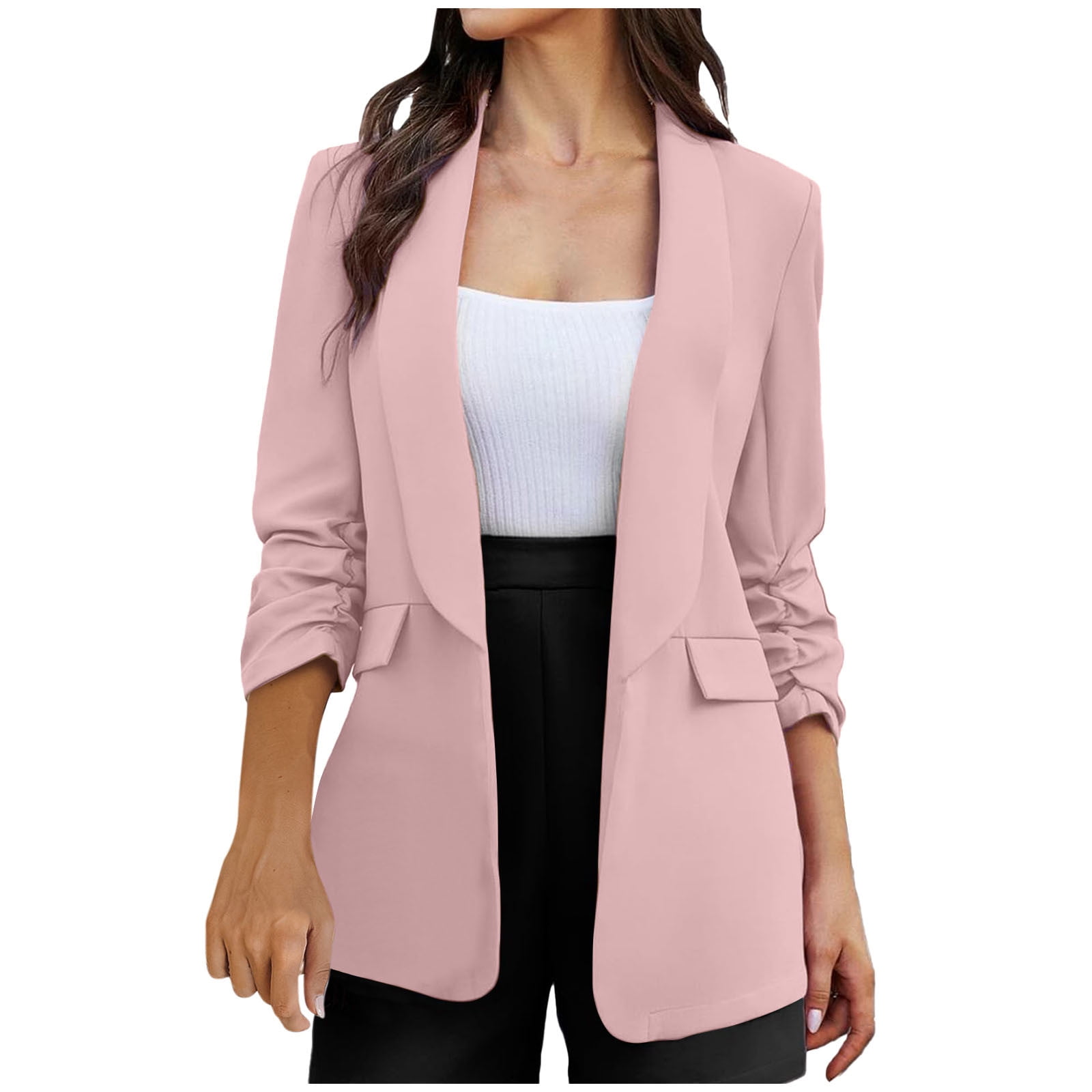 Cardigan Pink Long Blazer Coat Women Fashion Long Sleeve Crop Top