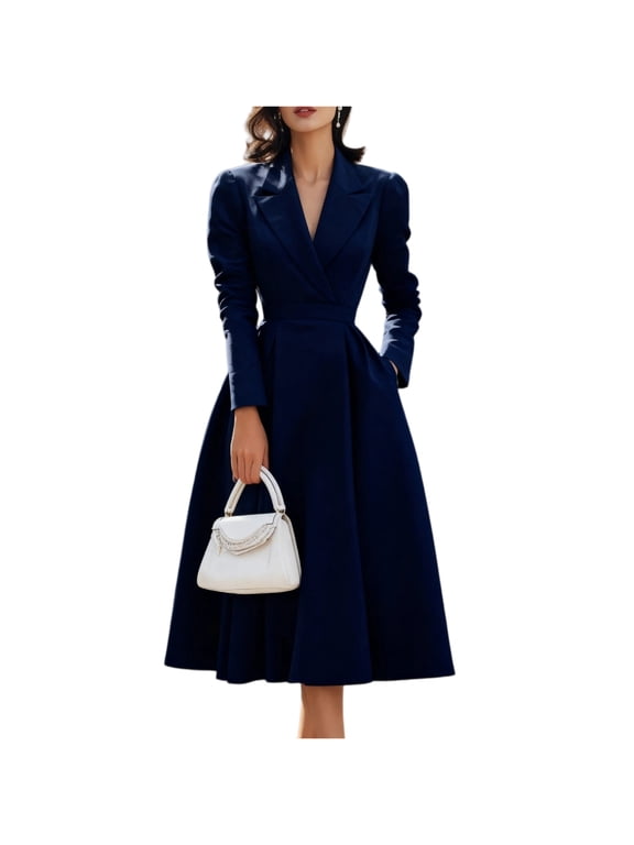Women’s Blazer Dress Elegant Lapel Collar Long Sleeve A-Line Dress Business Formal Flared Midi Dresses