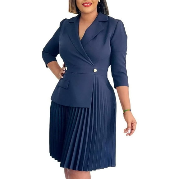 Women's Blazer Dress Office Midi Length Pleated Dresses Casual Office Work Dress