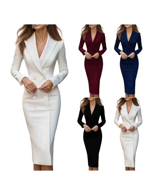 Women's Blazer Dress Suit Dress Long Sleeve Double Breasted Solid Color Formal Office Dress for Work Spring Fall,Black,L