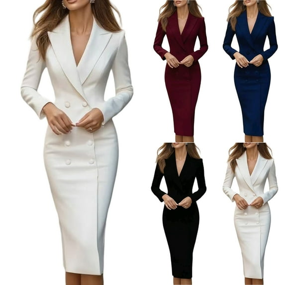Women's Blazer Dress Suit Dress Long Sleeve Double Breasted Solid Color Formal Office Dress for Work Spring Fall,White,L