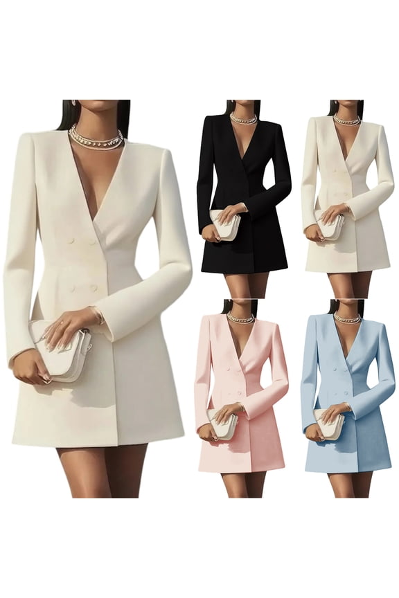 Women's Blazer Dress Suit Dress Long Sleeve Double Breasted V-Neck French Style Solid Color Dress for Office Spring Fall,Black,S