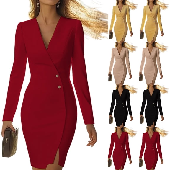 Women's Blazer Dress Suit Dress Long Sleeve Solid Color Button Front Side Slit Tailored Midi Dress for Office Spring Fall,Pink,M