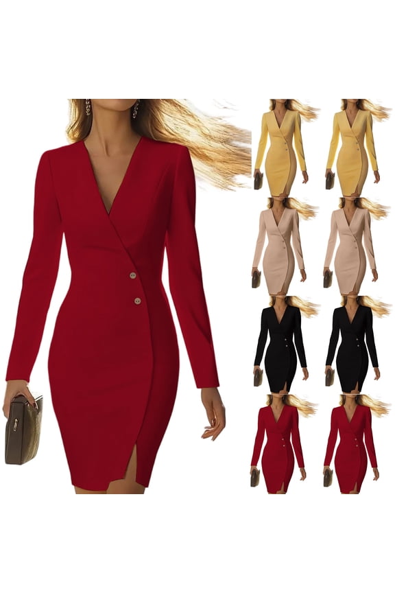 Women's Blazer Dress Suit Dress Long Sleeve Solid Color Button Front Side Slit Tailored Midi Dress for Office Spring Fall,Red,S