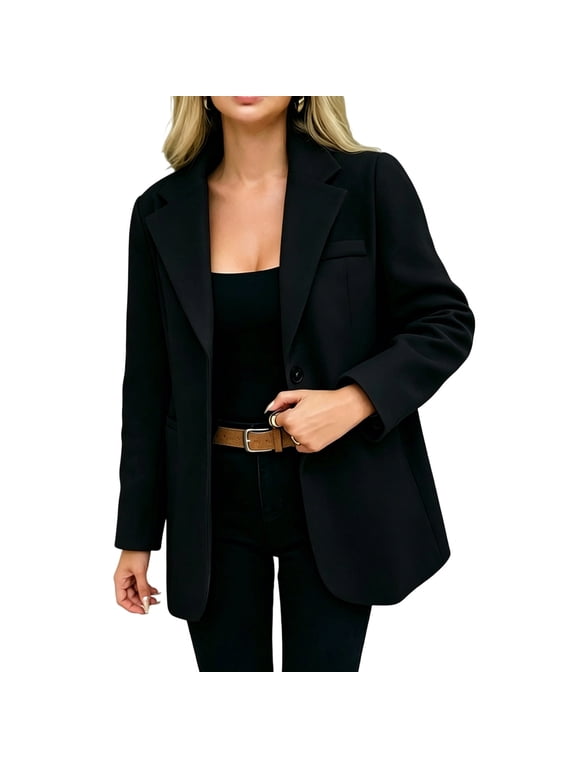 Women's Blazer Dressy Business Casual Wool Blend Coat Button Down Loose Fall Winter Work Office Suit Jackets Black XL