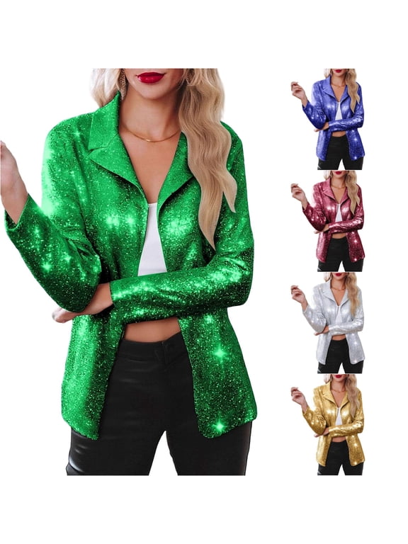 Women's Blazer Sequin Glitter Lapel Collar Long Sleeve Open Front Elegant Nightclub Party Jacket Top
