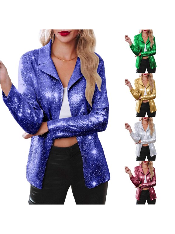 Women's Blazer Sequin Glitter Lapel Collar Long Sleeve Open Front Elegant Nightclub Party Jacket Top