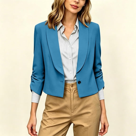 Women's Blazer Solid Color 3/4 Sleeve Lapel Open Front Short Blazer Lightweight Work Jacket Women's Business Commute Work Office Versatile Outerwear with Pockets