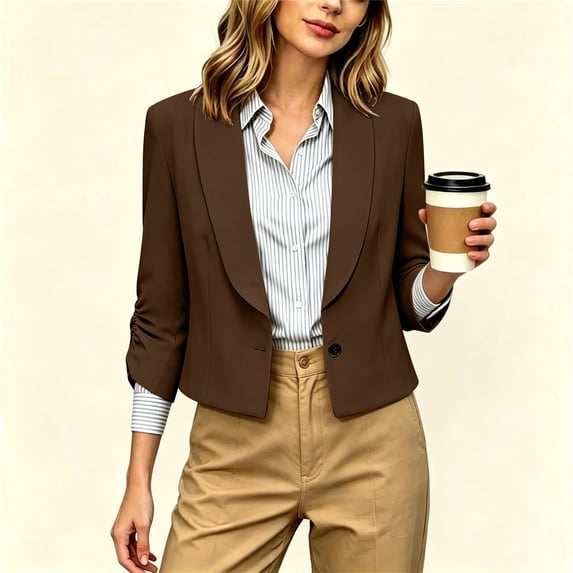 Women's Blazer Solid Color 3/4 Sleeve Lapel Open Front Short Blazer Lightweight Work Jacket Women's Business Commute Work Office Versatile Outerwear with Pockets