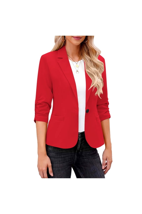 Women's Blazer Suit Elegant 3/4 Ruched Sleeve Jackets with Pockets Business Casual Work Office Blazer Jacket Cardigans Formal Open Front Jacket Top Classic Solid Color Blazers Coat Outerwear Red L