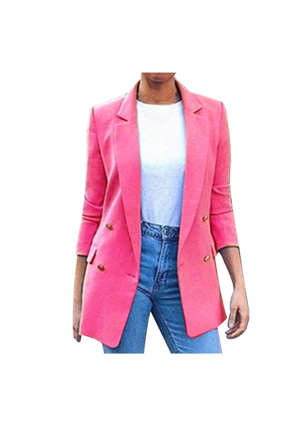 Women's Blazer Twill Office Jackets Plus Size Fitted Lapel Blazers Double Breasted 3/4 Sleeve Lightweight Suit Jacket