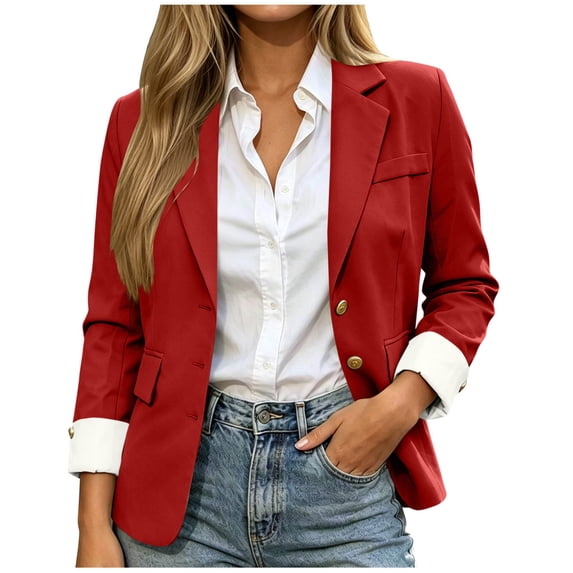 Women's Blazers Business Casual Lapel Collar Long Sleeve Contrast Cuff Work Office Suit Jackets with Pockets (L, Red)