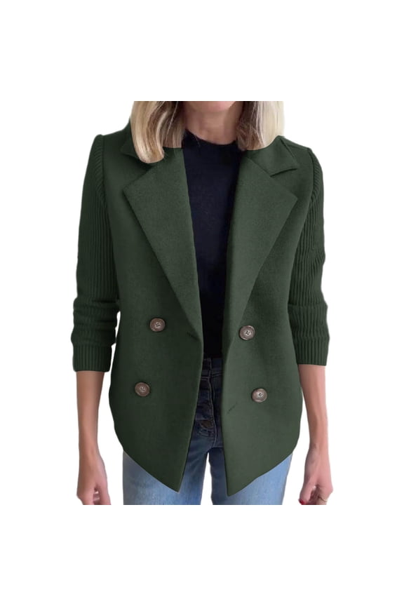 Women's Blazers Long Knitted Sleeve Open Front Lapel Jackets Warm Winter Office Suit Olive Green 2XL