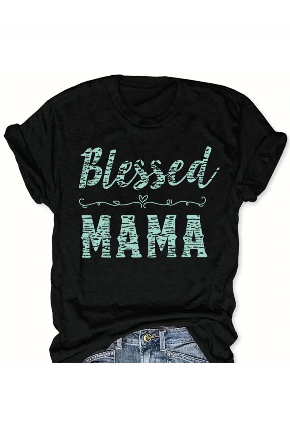 Women's Blessed Mama T-Shirt Retro Graphic Short Sleeve Casual Cotton Tee Mother's Day Gift Fashion Summer Top Black