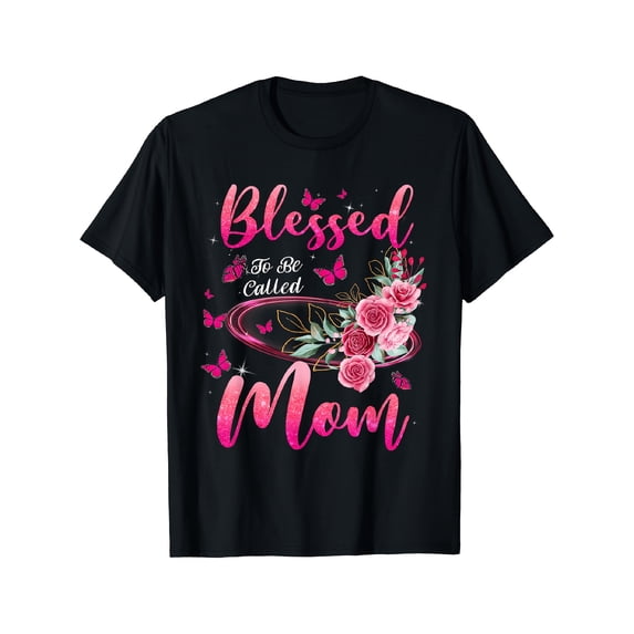 Women's Blessed Pink Floral Butterfly Mom Graphic T-Shirt