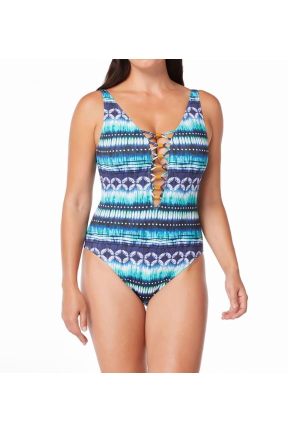Women's Bleu Rod Beattie SS22299 Sun, Sea And Sand Lattice Front One Piece Swimsuit (Navy 4)