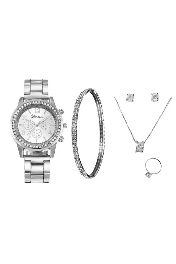 Womens Bling Jewelry Gift Set, Rhinestone Decor Quartz Wristwatch With Matching Bracelet, Necklace, Stud Earrings And Ring, All-In-One Accessory Kit For Celebrations, Daily Styling