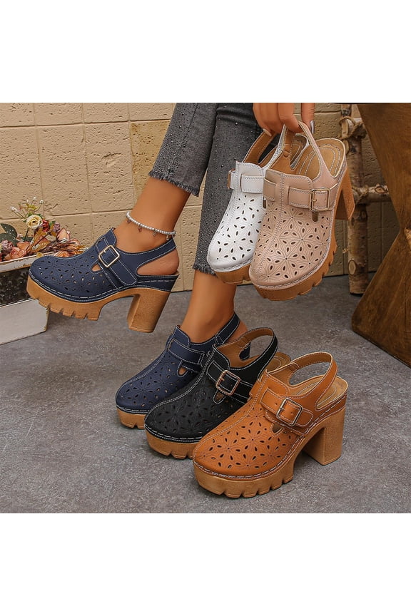 Women's Block Heel Clogs Closed Toe Perforated Design Casual Spring/Summer Shoes with Chunky Platform Heel Adjustable Buckle Strap Non Slip Comfortable Sandals for Women