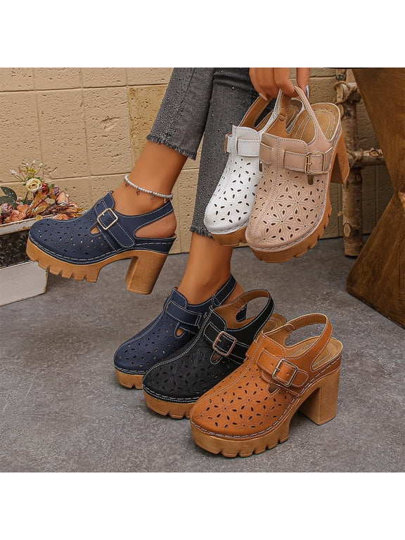 Women's Block Heel Clogs Closed Toe Perforated Design Casual Spring/Summer Shoes with Chunky Platform Heel Adjustable Buckle Strap Non Slip Comfortable Sandals for Women