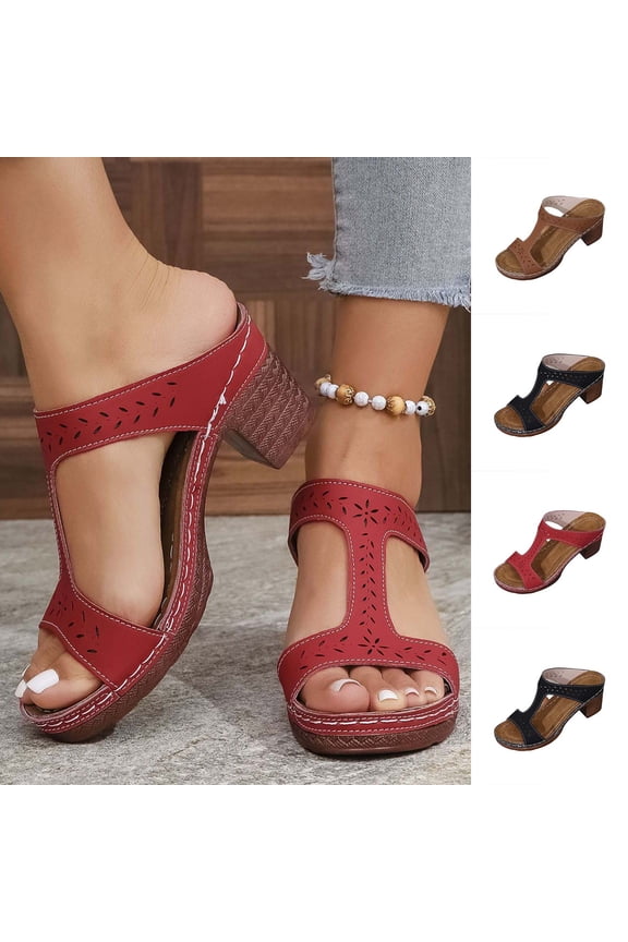 Women's Block Heel Mules Casual Open Toe Slide Sandals Solid Color Faux Leather Hollow Out Design Thick Sole Heeled Sandals with Wide Width Options for Daily Walking Outdoor Use