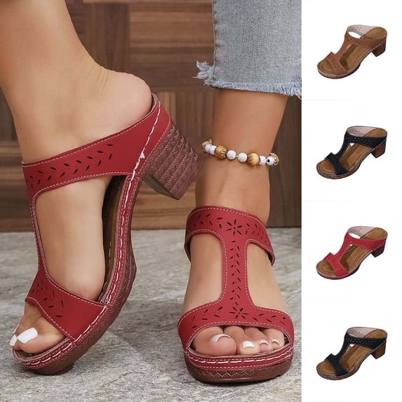 Women's Block Heel Mules Casual Open Toe Slide Sandals Solid Color Faux Leather Hollow Out Design Thick Sole Heeled Sandals with Wide Width Options for Daily Walking Outdoor Use