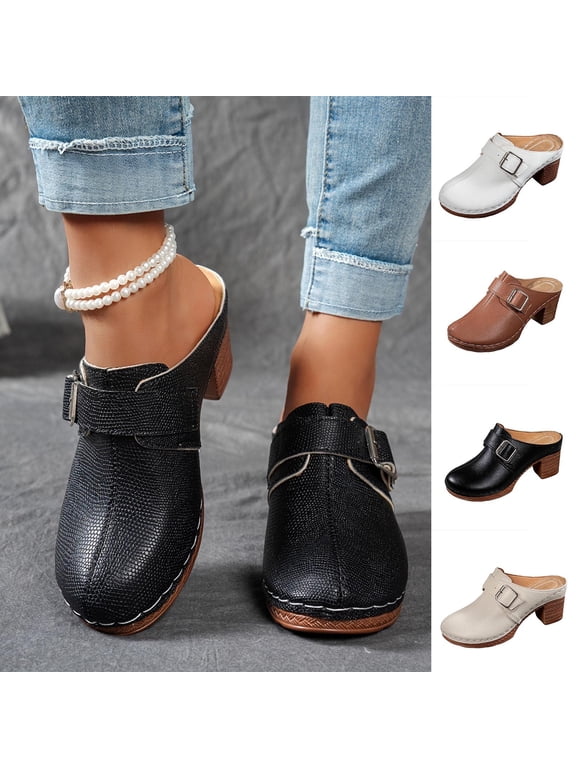 Women's Block Heel Mules Closed Toe Casual Spring/Summer Shoes with Adjustable Buckle Strap Chunky Platform Heel Non Slip Comfortable Clogs for Women