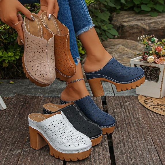 Women's Block Heel Mules Closed Toe Perforated Design Casual Spring/Summer Shoes with Chunky Platform Heel Slip-On Style Non Slip Comfortable Clogs for Women