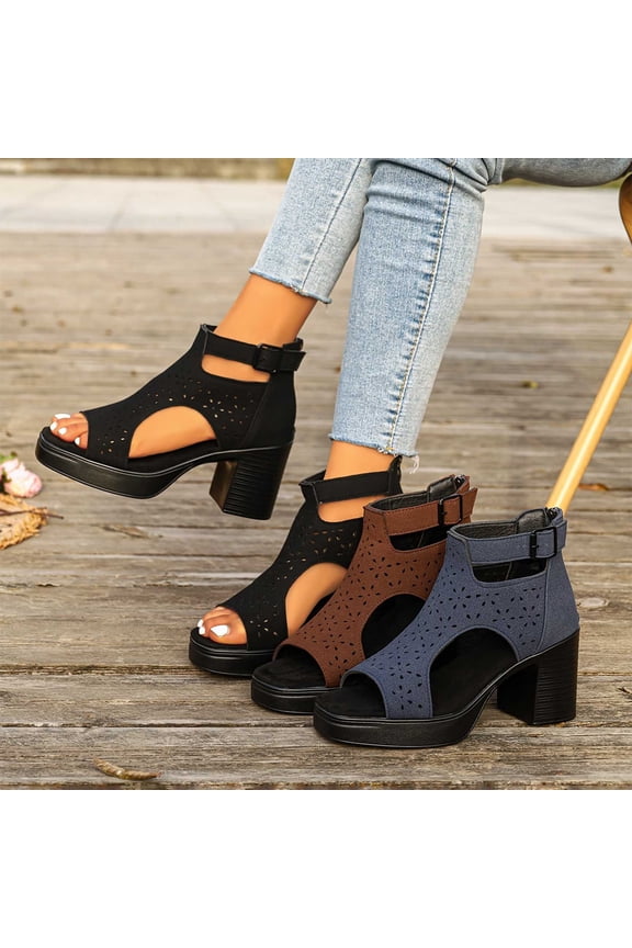Women's Block Heel Platform Sandals Peep Toe Cut Out Design Casual Summer Shoes with Adjustable Ankle Strap Non Slip Comfortable High Heel Sandals for Women