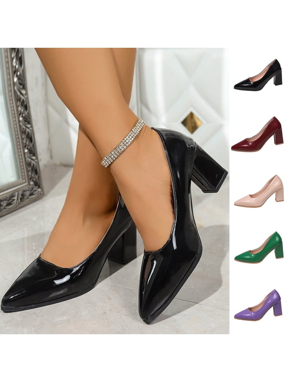 Women's Block Heel Pumps Wide Width, Patent Leather Pointed Toe Dress Shoes, Classic Slip-On Heels for Spring Fall, Multi-Color