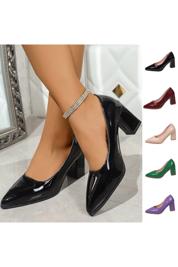 Women's Block Heel Pumps Wide Width, Patent Leather Pointed Toe Dress Shoes, Classic Slip-On Heels for Spring Fall, Multi-Color