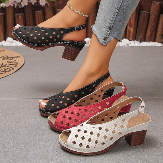 Women's Block Heel Sandals Casual Summer Retro Peep Toe Heels with Hollow Out Design Adjustable Ankle Strap Solid Color Faux Leather Heeled Sandals for Daily Walking Dressy Outdoor Use