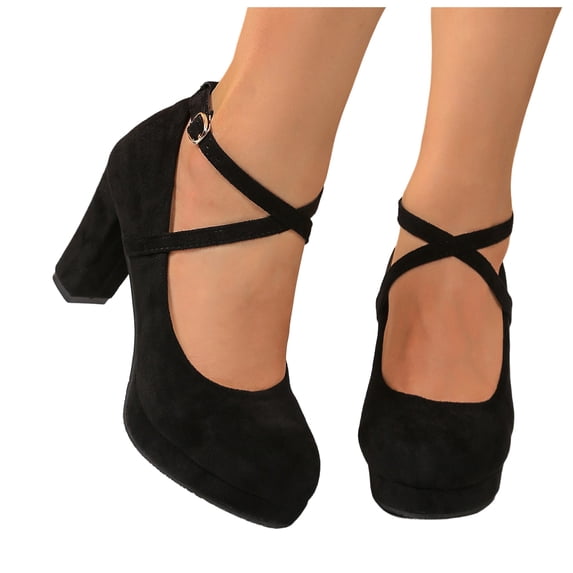 HEWUQI Womens Closed Toe Suede Heels Cross Ankle Strap Slingback Block Pumps Comfortable Elegant Party Wedding Dressy Shoes Black Size 7.5