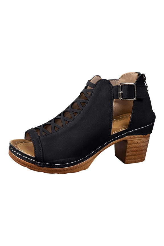 Women's Block Low Heels Platform Sandals with Arch Support Slip On Dressy Shoes Buckle Strap Summer Open Toe Hollow Out Ankle Boots Black Size 9
