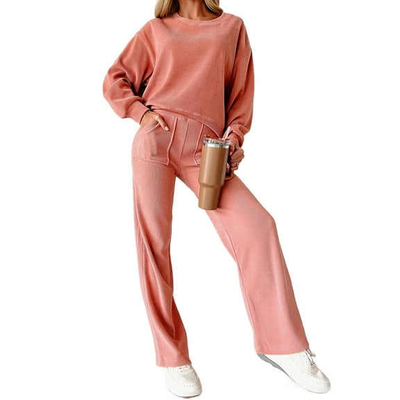 Women's Blossom Pink Casual Lounge Set with Drop Shoulder and Pocket - [ZhiHiMeRi] | (US 16-18)XL