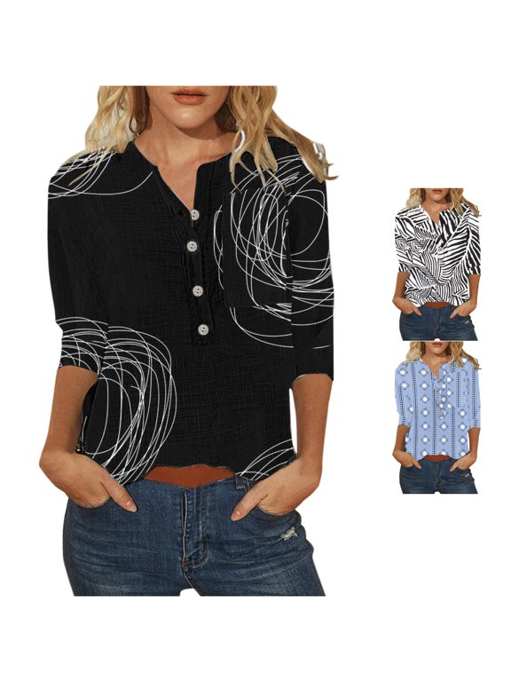 Women's Blouse Abstract Line Print Notch Neck Three Quarter Sleeve Button Pullover Streetwear Boho Top