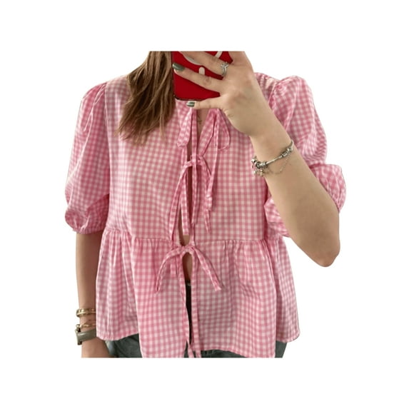 Women's Blouse Babydoll Tops Stripe/Plaid Print Casual Tops Half Sleeve Crew Neck Bandeau Shirts Tie-Up Front Loose T-Shirt for Summer