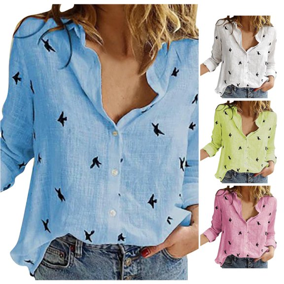 Women's Blouse Bird Print Notch Neck Long Sleeve Button Down Shirt Boho Vacation Work Top