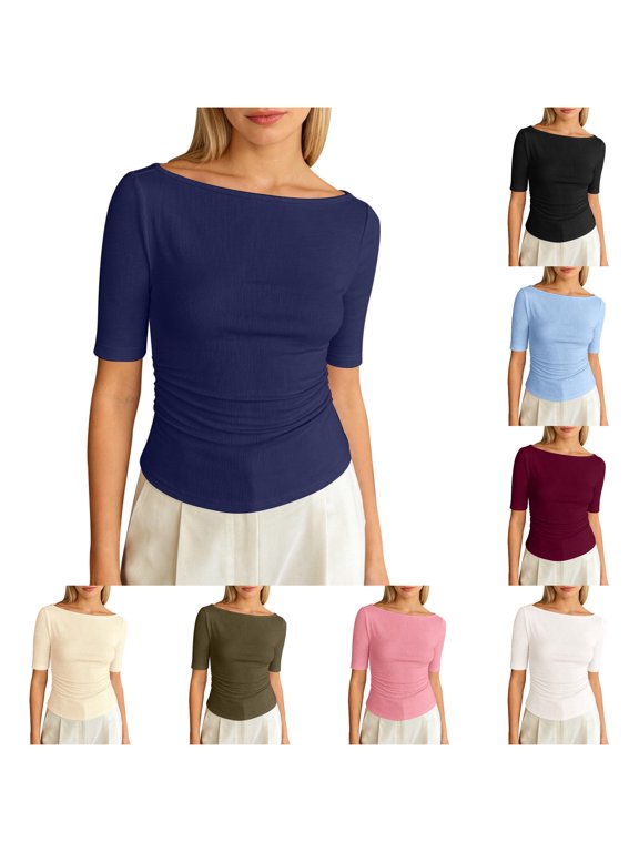 Women's Blouse Boat Neck Side Ruched Ribbed Mid Sleeve Shirt Elegant Slim Night Out Top