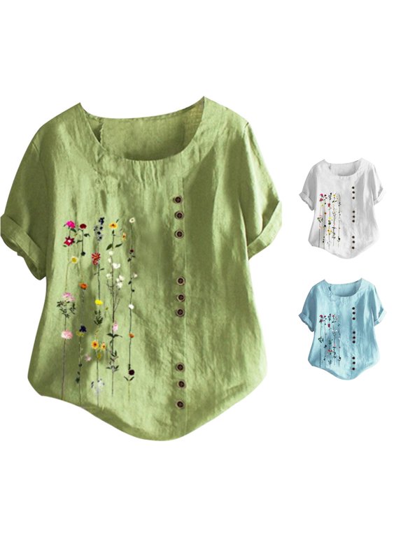 Women's Blouse Boho Floral Print Round Neck Short Sleeve Button Decor Pullover Loose Cottagecore Casual Top