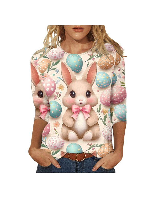 Women's Blouse,Easter Shirts for Women Cute Bunny Print Tops 3/4 Sleeve Casual Crewneck Pullover Holiday Blouses